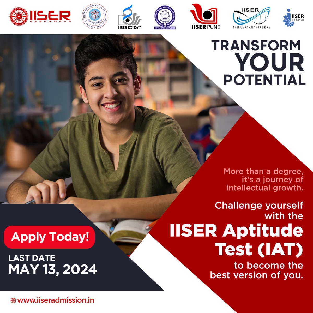 Calling all science enthusiasts! Applications for BS & BS-MS programs at #IISERs are open. Apply for the IISER Aptitude Test (IAT) by May 13th, 2024! Test on June 9th, 2024. Visit iiseradmission.in #AdmissionsOpen #IAT2024 #ScienceEducation #Research #BSMS