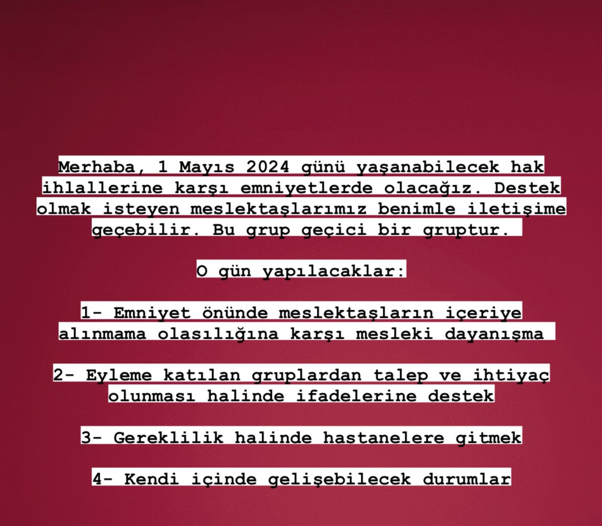 Ali Yerlikaya ‘ 42 Bin polis görevlendirdik, Taksim yasak’ dedi. Halka meydan okudu.  Öyleyse bizlere düşen susmak değildir.

Hukuk tanımazlığa karşı 1 Mayıs 2024 günü GÖREVDE olacağız! 

1 Mayıs günü meslektaşlarımızın desteğini bekliyoruz.

@avukatinsesiyiz