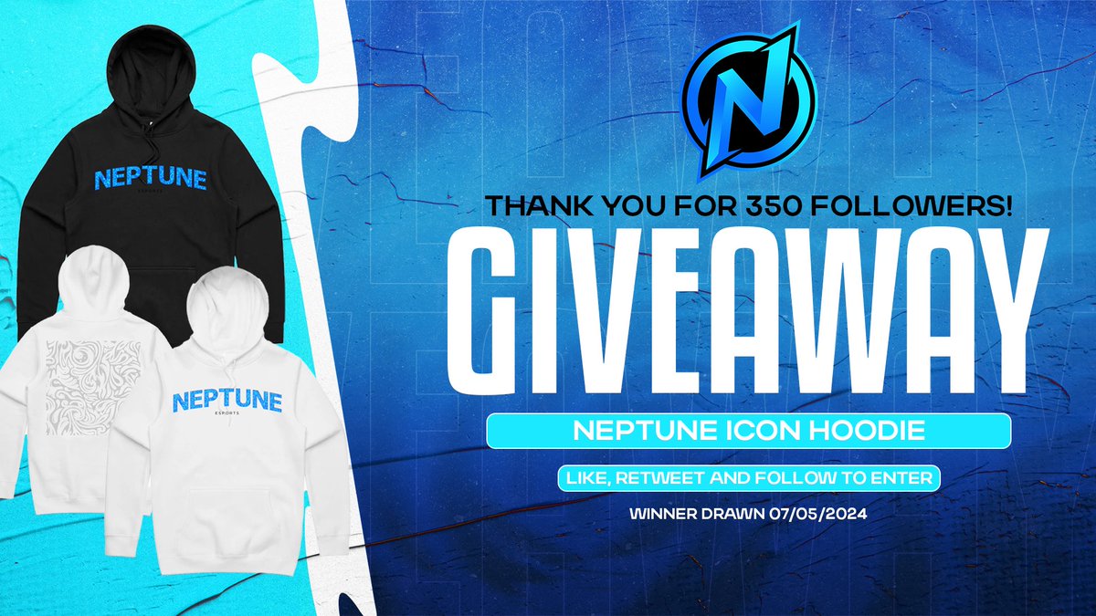 {#GIVEAWAY}

🎉 THANK YOU FOR 350 FOLLOWERS 🎉

To celebrate we want to give away a Neptune Hoodie!! 

How To Enter:
• Like 
• Retweet
• Follow <a href="/NeptuneESC/">Neptune</a> 

Winner will be drawn 07/05/2024! Good Luck!

#NeptuneRises