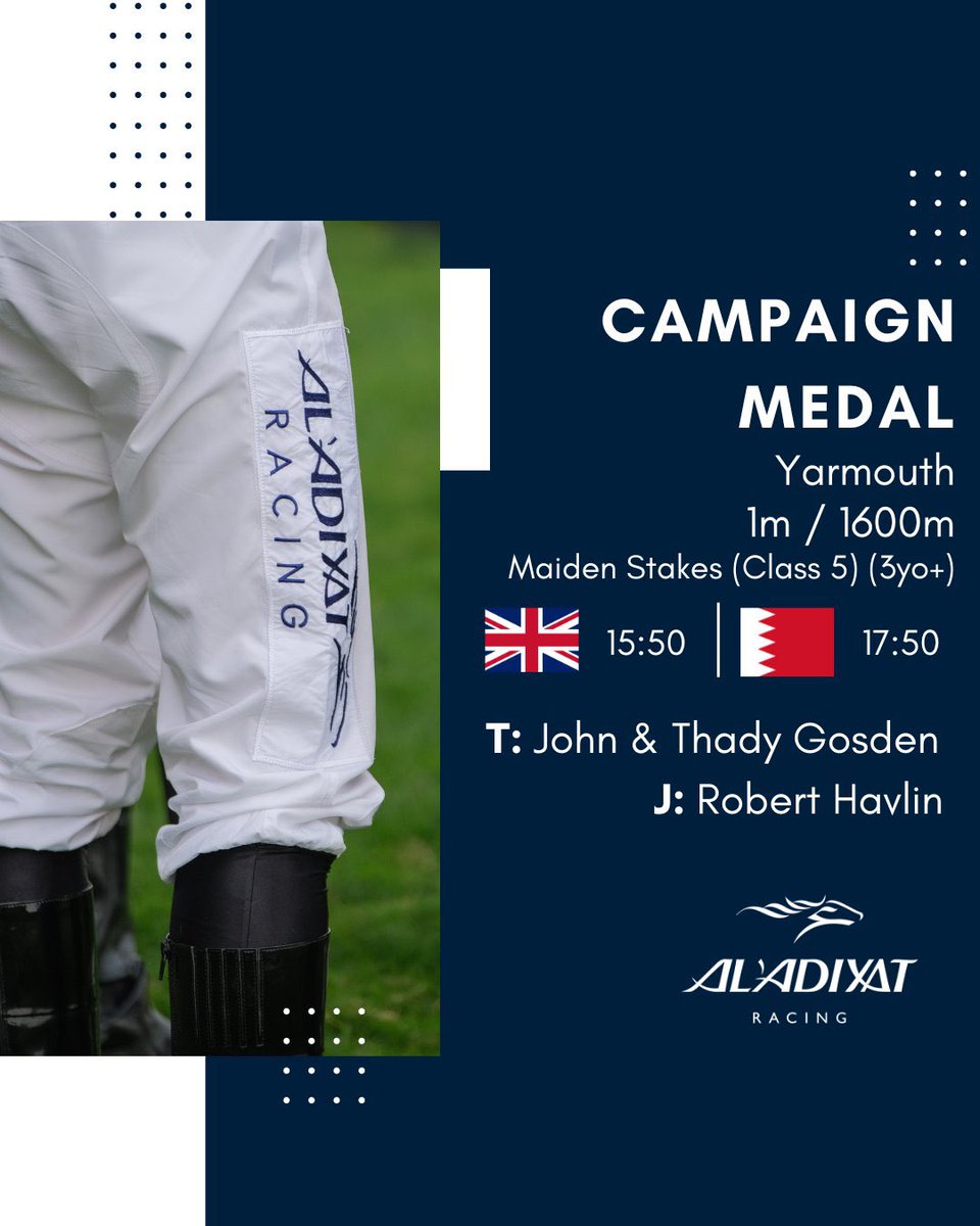 🎖️ CAMPAIGN MEDAL faces 10 rivals as he runs over 1m / 1600m @GTYarmouthRaces this afternoon. Rab Havlin takes the ride.