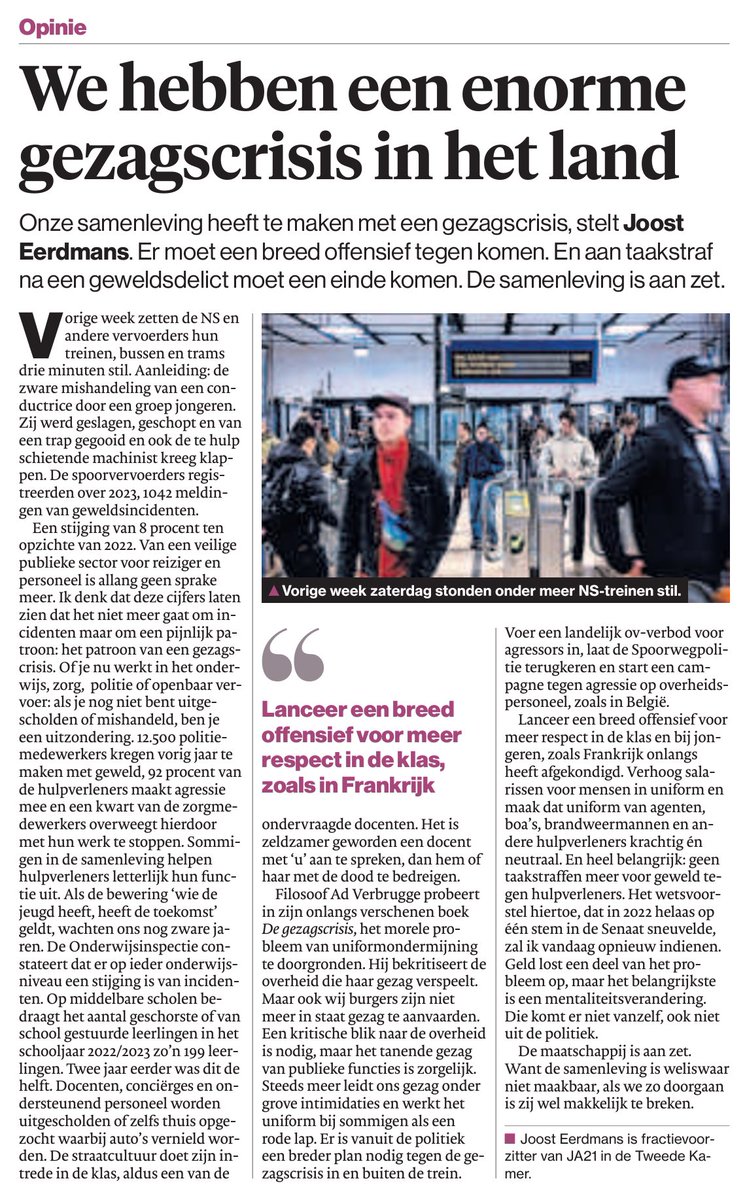 Vandaag in het @ADnl: Opiniestuk Joost @Eerdmans ‘We hebben een enorme gezagscrisis in het land’

#JA21 dient opnieuw het wetsvoorstel in dat na geweld tegen hulpverleners altijd een gevangenisstraf moet volgen!