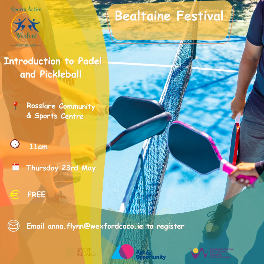 Every wonder what Paddle and Pickleball is all about? As part of Bealtaine Festival, we will be holding a FREE Intro to Paddle and Pickleball in Rosslare Community & Sports Centre on 23rd May at 11am. Come along and give it a go! Email anna.flynn@wexfordcoco.ie to register.