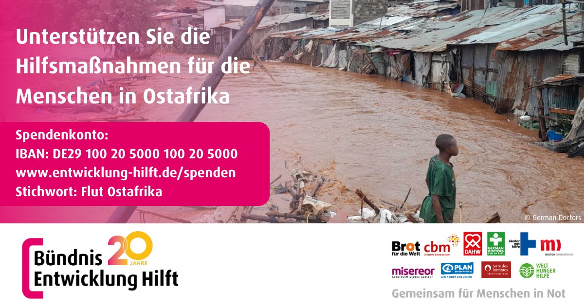 Seit Wochen sind #Kenia und #Tansania von schweren #Regenfällen betroffen. #Überschwemmungen und #Erdrutsche erschweren die Rettungs- und Hilfsmaßnahmen der Menschen enorm. Unterstützen Sie mit Ihrer #Spende die dringend benötigte #Nothilfe vor Ort: entwicklung-hilft.de/news/flut-osta…