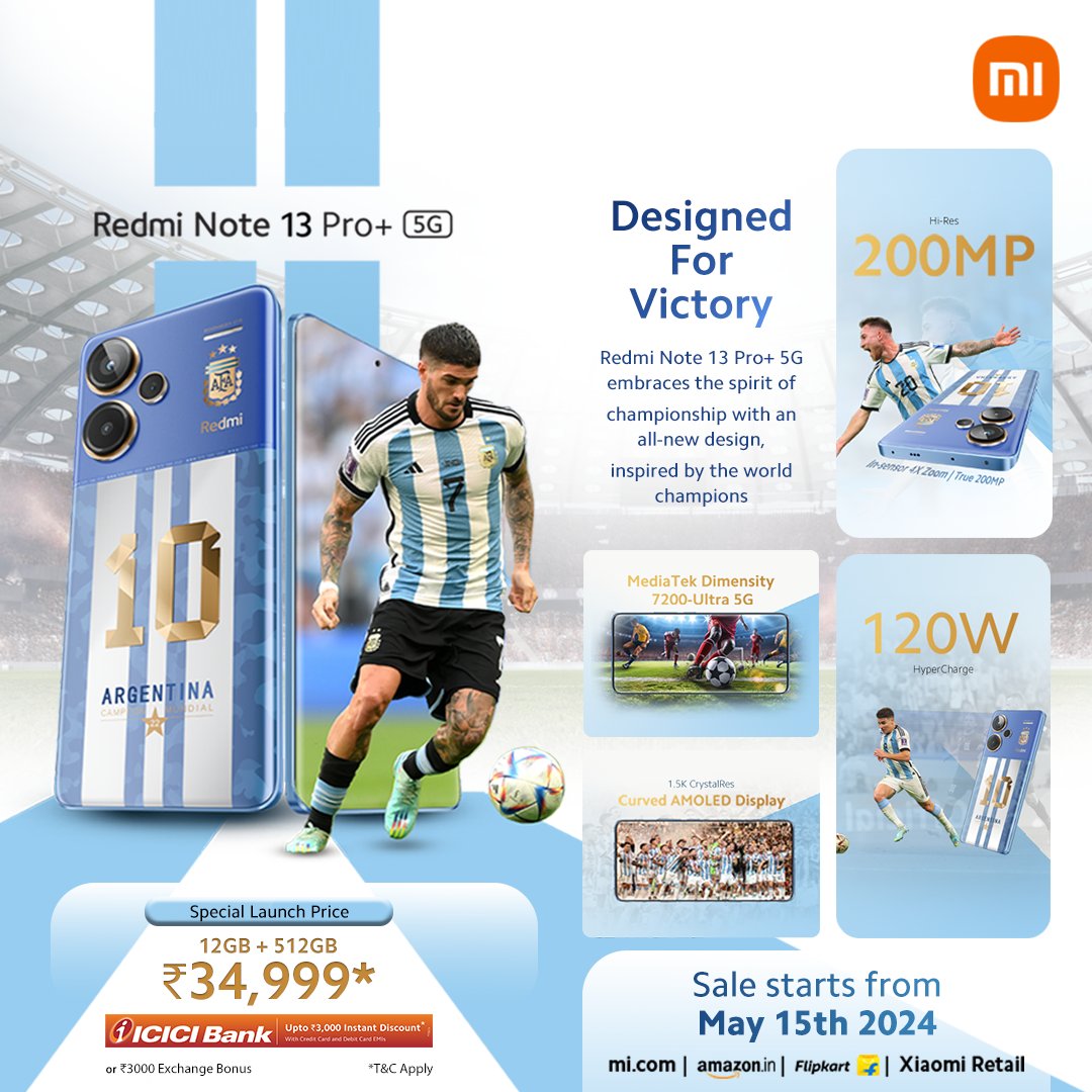 Thrilled to unveil our latest masterpiece: The #WorldChampionsEdition of #RedmiNote13 Pro+ in collaboration with the Argentine Football Association!⚽️ Get ready to immerse yourself in the ultimate fan experience. Special Launch Price ₹34,999*. Sale starts on 15th May.…