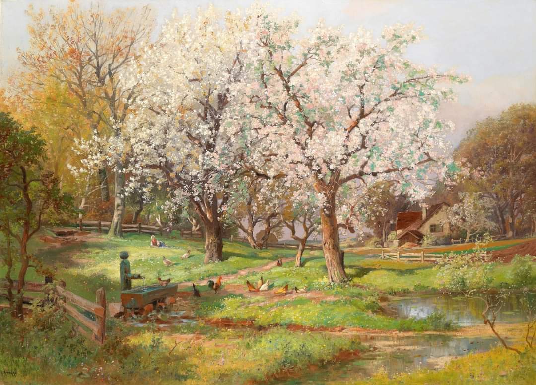 Vita che germoglia gioiosa attraverso la polvere negli infiniti fili dell’erba e prorompe in onde tumultuose di foglie e di fiori. (Rabindranath Tagore) 🎨Alois Arnegger 'Landscape in spring' s.d.