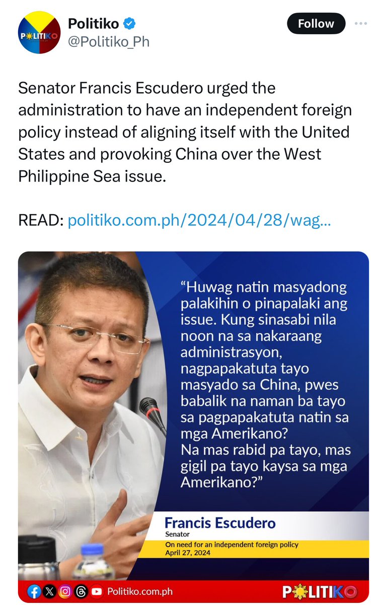 Eh bakit di ka dumaldal nang ganyan nung “nagpapakatuta” si Duterte sa China? Tahimik na tahimik ka ng 6 na taon. Ngayon, nagpupuputak ka!