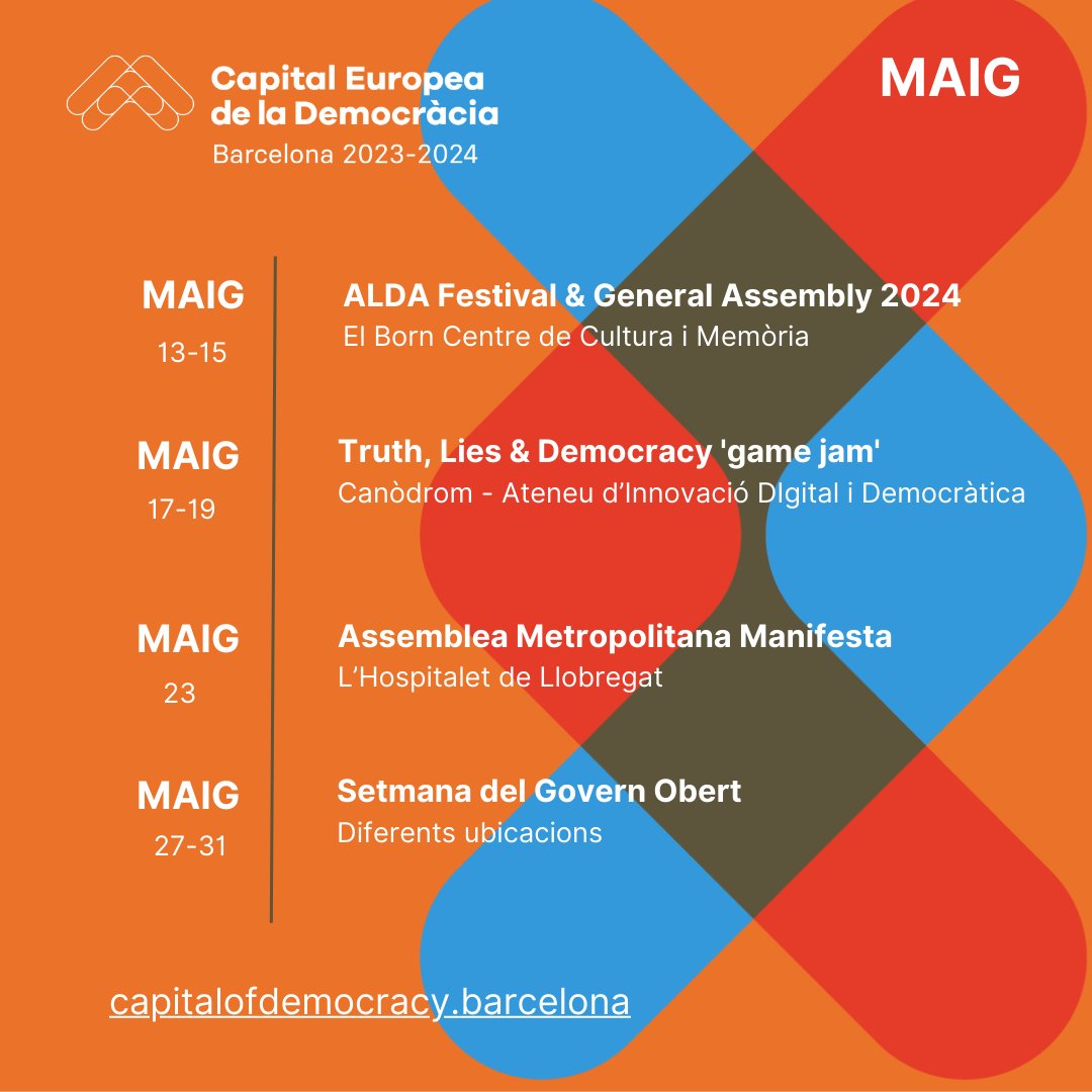 🟠 #Agenda
En breu arrenca el mes de maig i ve ben carregat d'activitats. 

🔜 Fes una ullada al programa de la Capital Europea de la #DemocràciaBCN i apunta't al que més t'interessi:

🔗capitalofdemocracy.barcelona/conferences

RECORDA ❗️
🏆El proper 2 de maig: Premis a la Innovació en Política