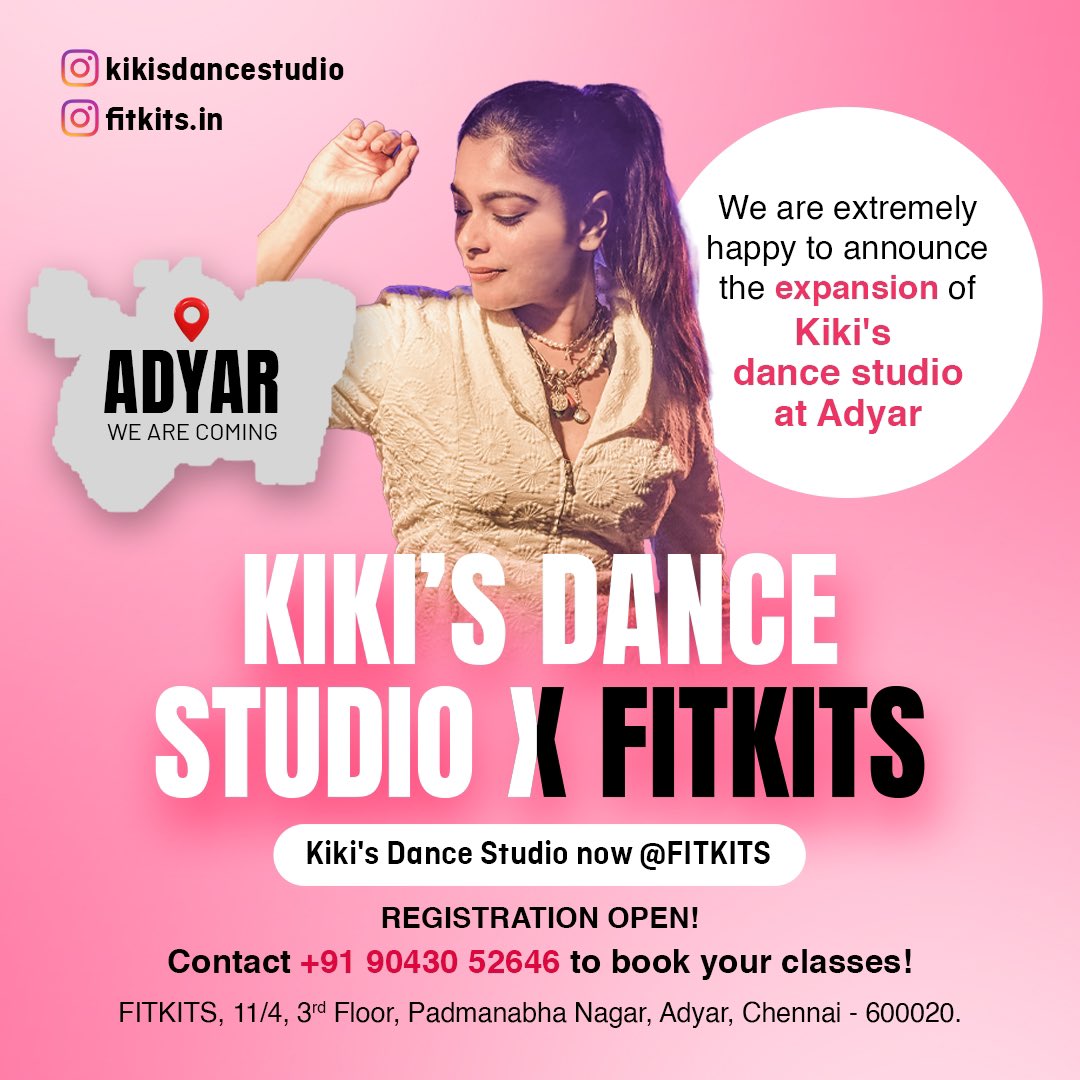 Super thrilled to announce the opening of our 2nd studio #kikisdancestudio in Adyar collaborating with #fitkits ☺️😍💃🏻
Stay tuned for Details on date and time 🥰
Meanwhile contact : 90430 52646 for registration!