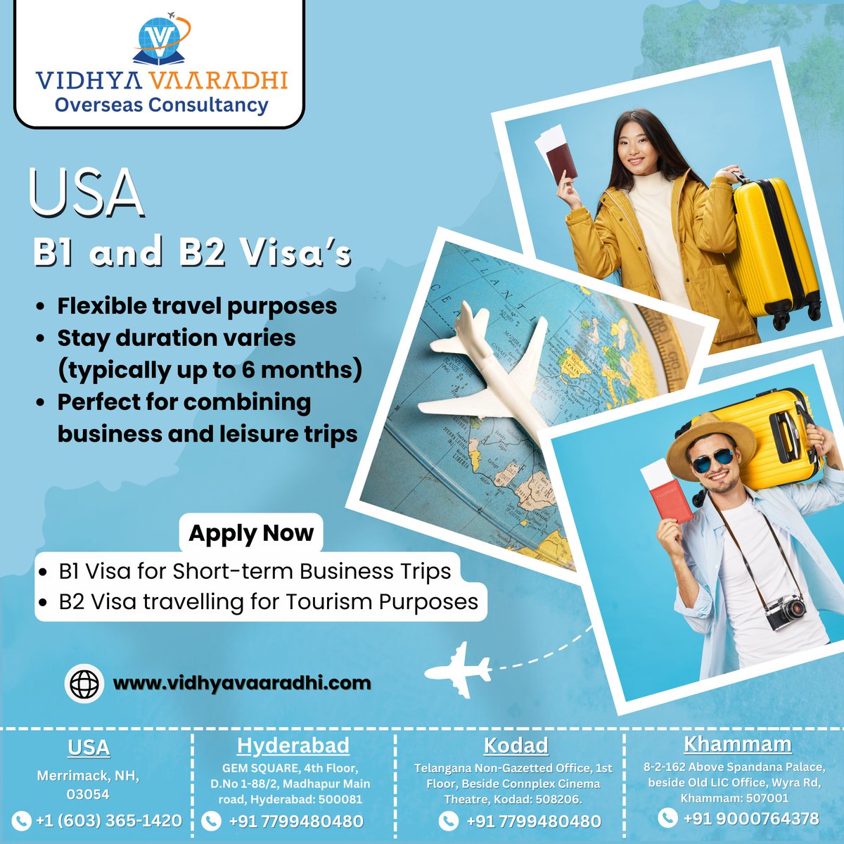 Planning a trip to the United States? Great news! The B1 (Business) and B2 (Tourist) visas are your ticket to amazing experiences
Get in touch with us 
Visit: vidhyavaaradhi.com
Call: +91 90008 41518
#B1B2Visa #TravelUSA #Exploreusa #B1visa #B2visa #businessvisa #touristvisa