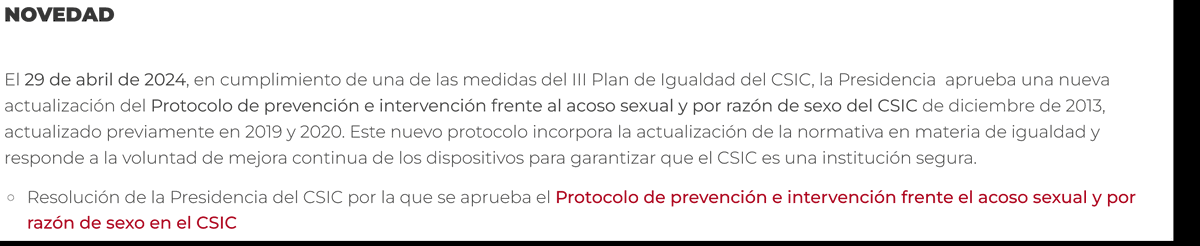 El @CSIC aprobó ayer su nuevo Protocolo de prevención e intervención frente al acoso sexual y por razón de sexo 10 importantes innovaciones que ahora tiene el reto de implementar, convirtiéndose así en uno de los más avanzados de la administración ➡️csic.es/es/el-csic/cie…