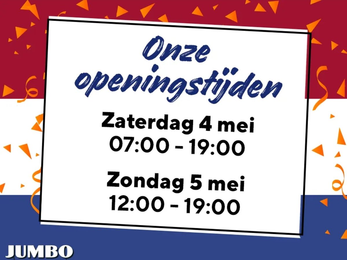 Op zaterdag 4 en zondag 5 mei zijn dit onze openingstijden. 

Maandag zijn we weer geopend zoals je van ons gewend bent. 

We wensen iedereen alvast een leuke en gezellige Bevrijdingsdag. 🇳🇱🇳🇱🇳🇱