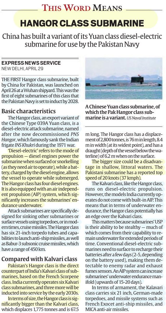 'Hangor Class Submarine' 'China has built a variant of Yuan Class diesel- electric submarine for use by Pakistan Navy' : Details #Submarine #DieselElectric #Hangor #Pakistan #China #Yuan #Military #Cooperation #Kalavari #india #defence #security #UPSC Source: IE