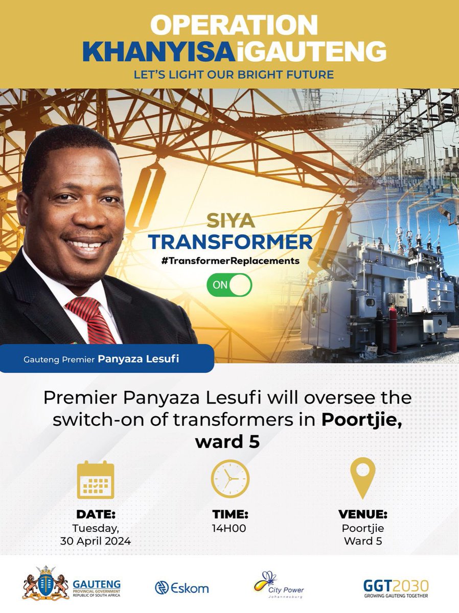 Join #Gauteng Premier @Lesufi today as he leads the #SwitchOn event for transformers in Ward 5 ,Poortjie Johannesburg, marking a vital milestone in #Gauteng 's Energy Response Plan .Let's applaud his dedication in combating the energy crisis! #PanyazaIsLeadership