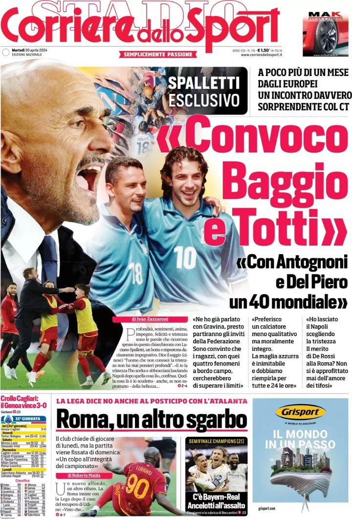 [Corriere dello Sport] Spalletti 'Je convoque Baggio, Totti , Antognoni et Del Piero. Je suis sûr que je vais chercher à dépasser les limites avec ces quatre phénomènes au bord du terrain'