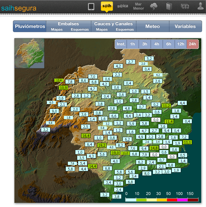 🌧️Precipitaciones registradas por visor #SAIH de @chsriosegura en las⌛️últimas 24 horas. ➡️Destacan los 19,2 mm en #DoñaInés, los 19 mm en #Zarzadilla de #Totana, los 16,4 en #Tarragoya o los 14,6 mm en #LaMurta ☔Lluvias repartidas, en general, por toda la cuenca del #ríoSegura