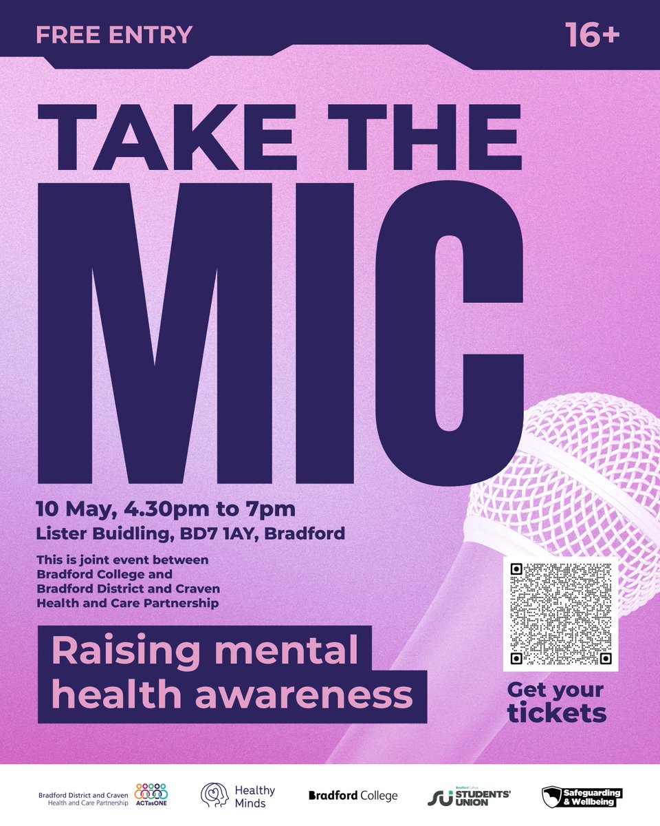 Come along to "Take the Mic" night on 10 May at <a href="/BradfordCollege/">Bradford College</a>.

Listen to performers (rap, song, poetry) using words to express their feelings and experiences. Find out about different mental health support in Bradford and Craven. 

Book your tickets: ticketsource.co.uk/bradford-distr…
