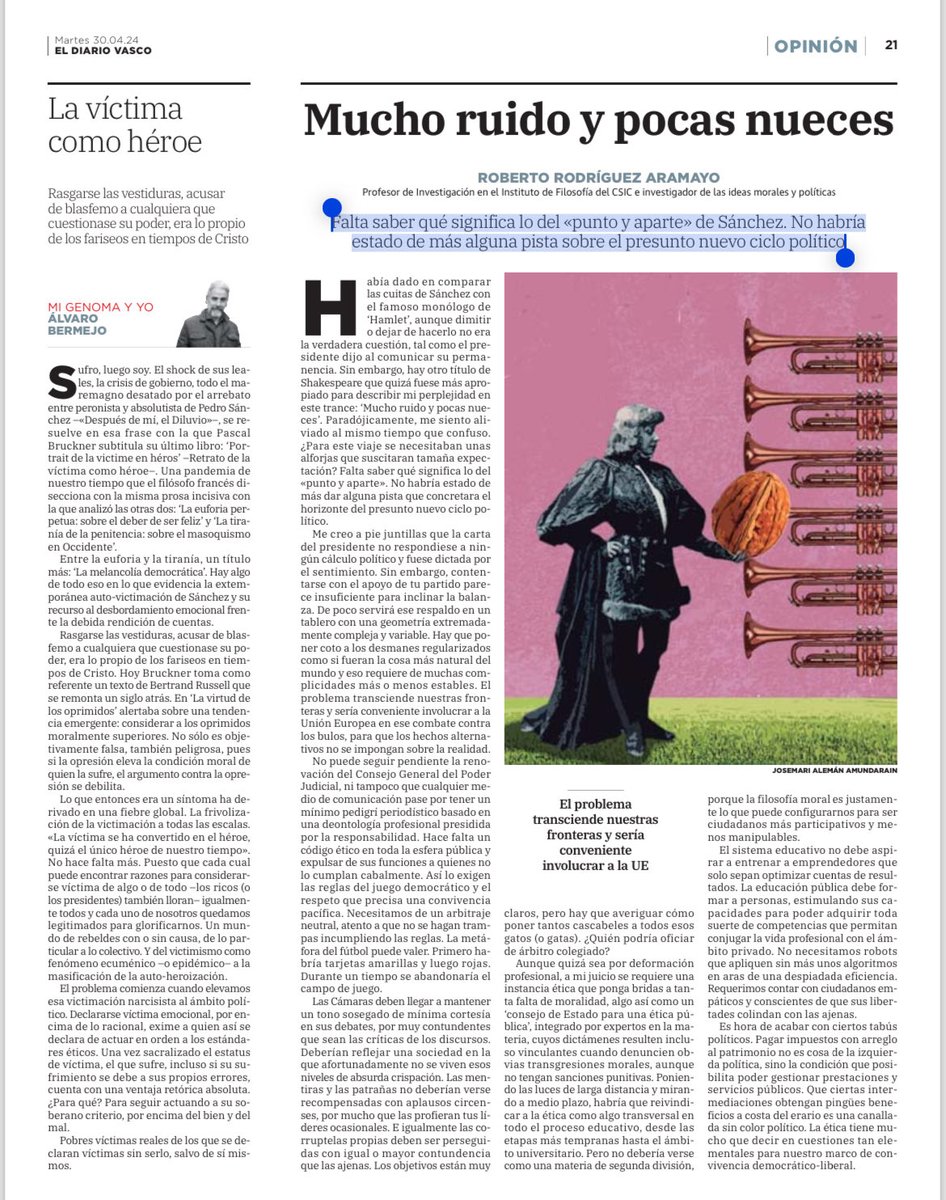 ¿Hamlet o Mucho ruido y pocas nueces? Falta saber qué significa lo del «punto y aparte» de #Sánchez . No habría estado de más alguna pista sobre el nuevo ciclo político. Hace falta un arbitraje desde la #Ética ⁦@daniInnerarity⁩ ⁦@Bibtntcsic⁩