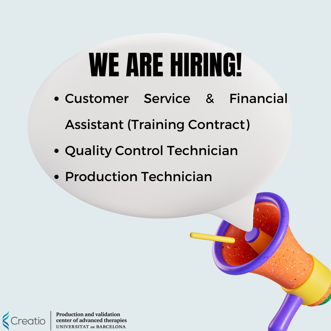 We are #Hiring
1⃣ #Customer Service & #Financial #Assistant to support business and marketing - #Training contract
1⃣ #QualityControl #Tech of #ATMPs  
1⃣ #Production Tech of ATMPs

 Deadline: 10/05/24
  👀ub.edu/creatio/talent/

#job #feina #trabajo #feinabarcelona #ocupació