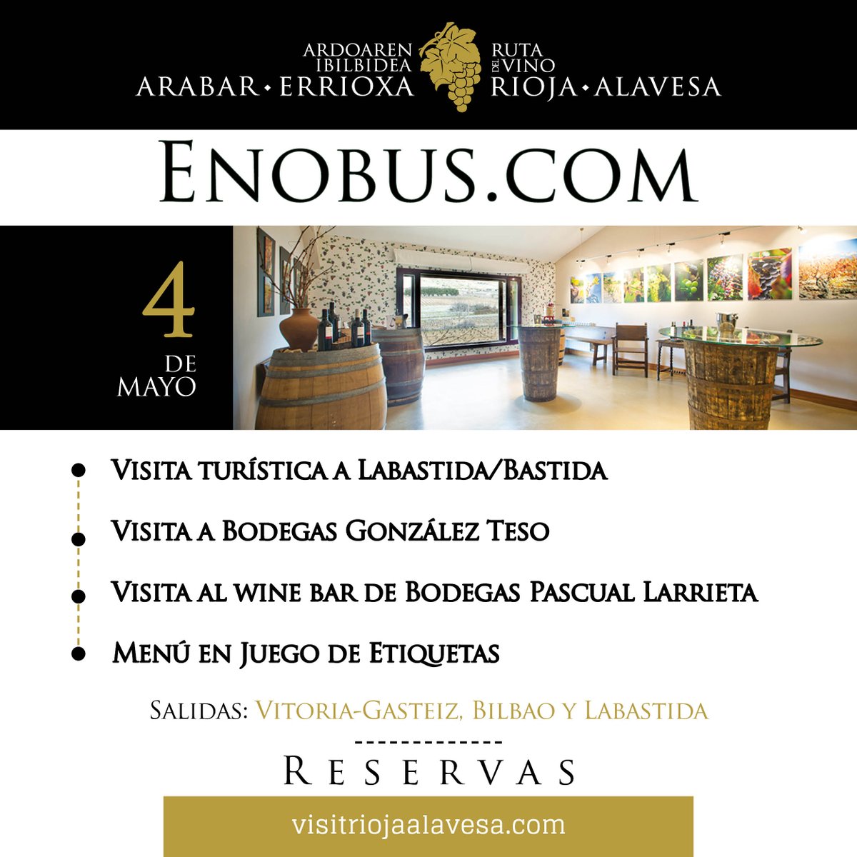 🚍Este sábado 4 de mayo hay salida del Enobus de #RiojaAlavesa: zurl.co/iLJx

✅Visita turística a Labastida/Bastida
✅Visita a Bodegas González Teso
✅Visita al wine bar de @PascualLarrieta 
🍴Menú en Juegodetiquetas