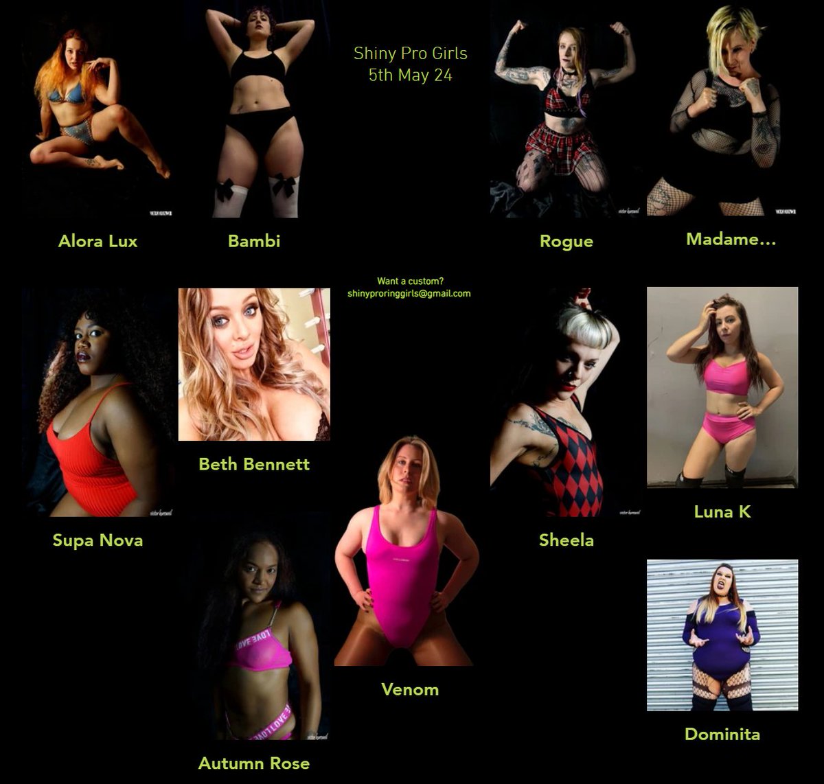 Amazing Line-up for my next Shiny Pro Ring Girls Shoot on Sunday 5th May Get in touch to order a custom @Aloraluxmodel @marxist_bambi @roguee0_0 @SupaNWrestling @BethUndressed @tiny_titaness @MissLunaK @Autumnrose_cwrs @Venomsessions @Dom_Dominita @MadameVanquish…