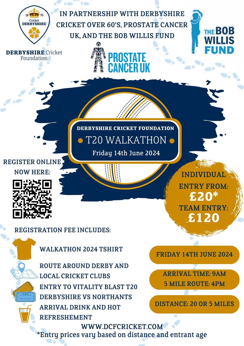Time to register a team for the Derbyshire Cricket Foundation annual walkathon and help raise money the Bob Willis Fund for Prostate Cancer. @CricketDerbys