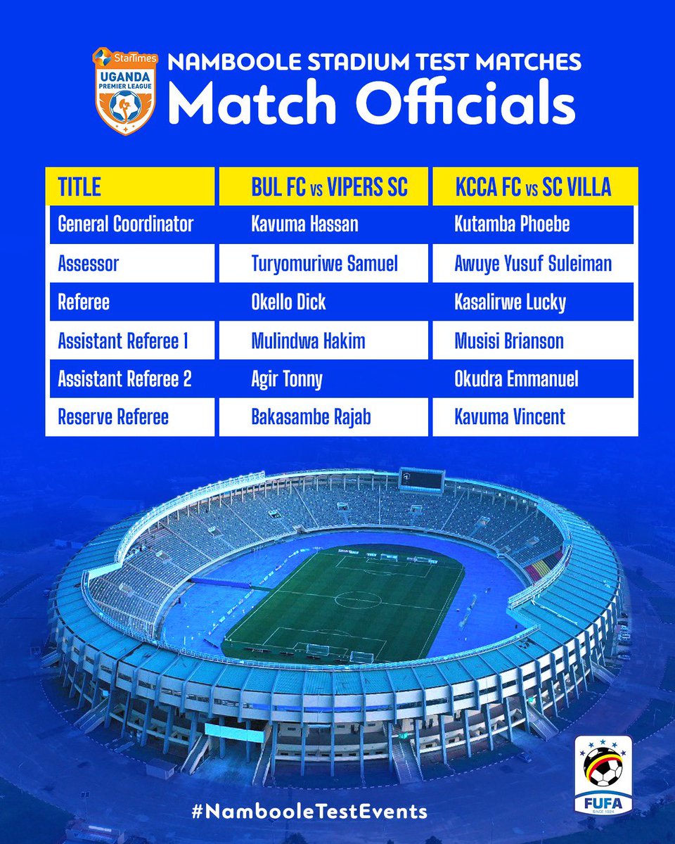 Match officials for tomorrow’s double header at Mandela National Stadium. #NambooleTestEvents #KCCSCV #BULVIP