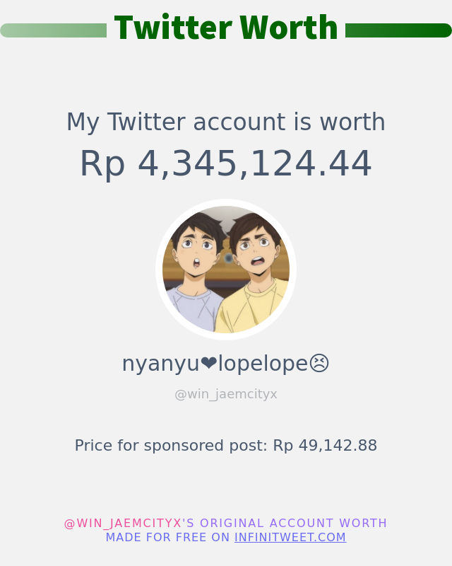 Nilai Twitter Saya adalah: Rp 4,345,124.44

➡️ infinitytweet.me/account-worth?…