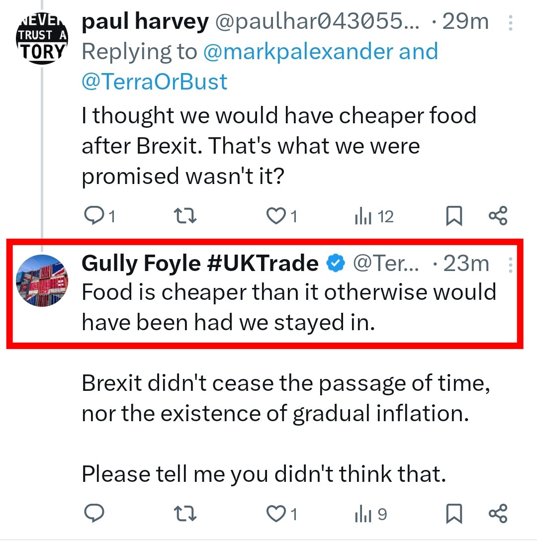 'Food is cheaper than it otherwise would have been had we stayed in.' I don't think even arch Brexiter economist Catherine McBride has gone so far as claim that.