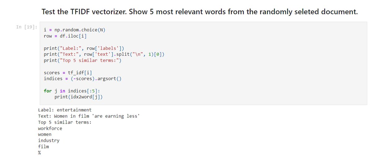 💡TFIDF from Scratch!

1. TFIDF is a vectorization technique used in NLP.

2. Used the NLTK library with the 'bbc_text' data to create a word-to-index mapping.

3. The TFIDF score can be used to improve on basic methods like word count.

#NLP #Python

🔗 rb.gy/3bnusx