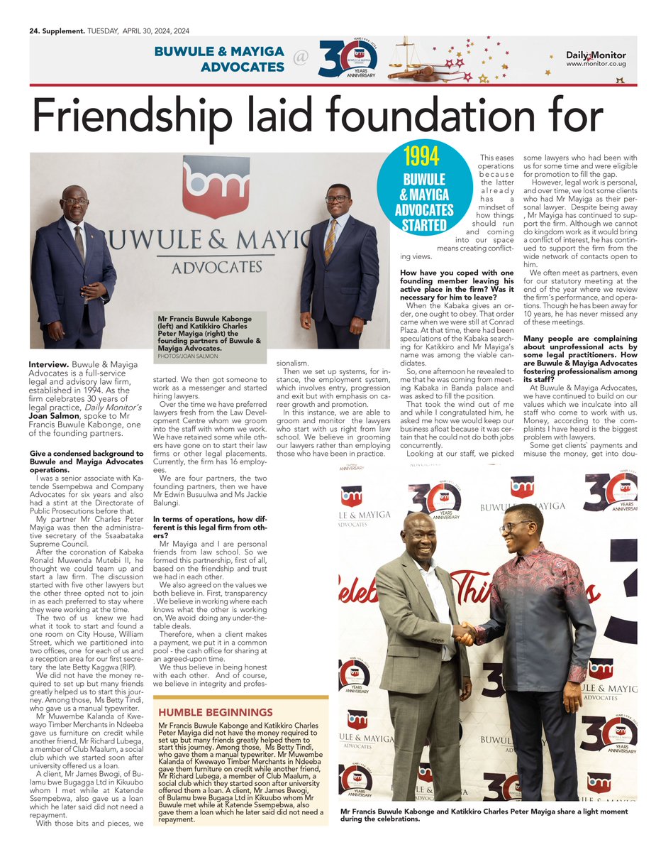 We recommend getting a copy of today's @DailyMonitor. Pages 30-32 & 37 feature an interview with our Founding Partner @BuwuleFrancis sharing insights on the journey it has been. #BUMAAT30 #Thereisastorytotell @cpmayiga @KlaArchdiocese @K2telecomug @Kisubi_Mapeera @CentenaryBank