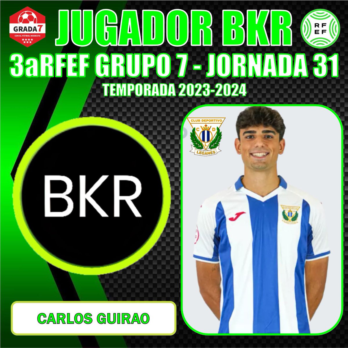 JUGADOR BKR| Carlos Guirao, jugador del @CanteraPepinera, ha sido elegido como el jugador ⭐ en nuestro #OnceIdeal de la trigésimo primera jornada en el Grupo 7️⃣ de #TerceraRFEF y recibirá un obsequio de nuestro colaborador BKR TRAINING.

¡Enhorabuena @Cguirao6! 💪🏻