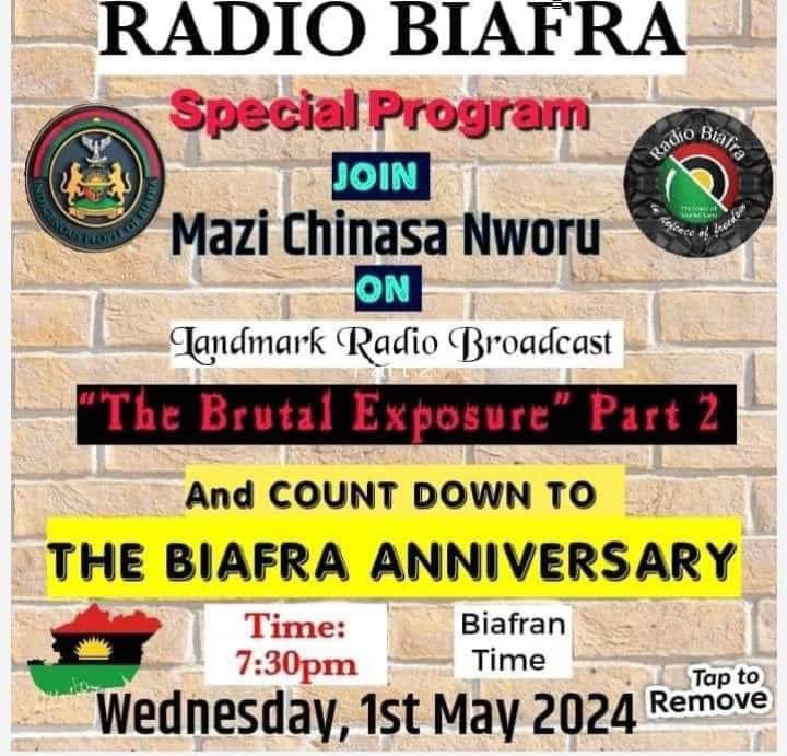 Join Mazi Chinasa Nworu for another landmark Radio Broadcast, The Brutal Exposure Part 2, Countdown to the Biafra Anniversary. On 1st May 7:30 pm Biafraland time.#FreeMaziNnamdiKanu #FreeBiafra #Referendum