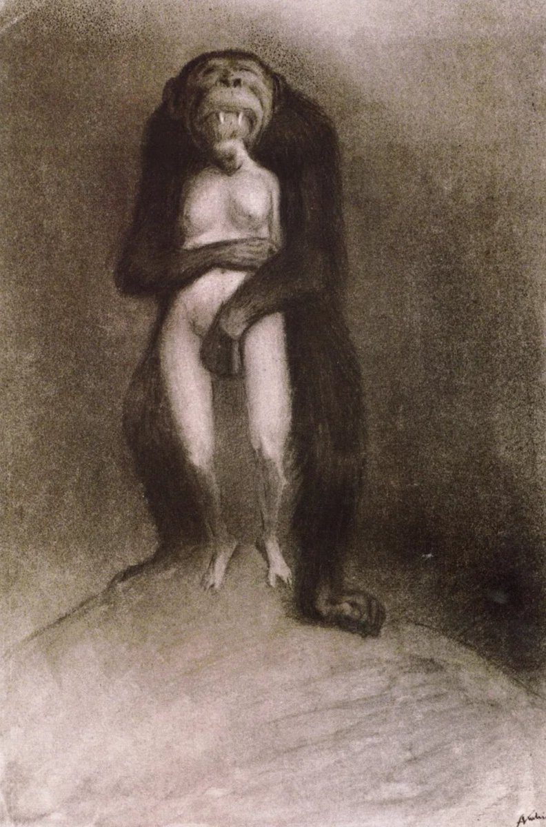 アルフレッド・クービンによる「猿」（1904年頃）。巨大な猿が裸の女性を後ろから両手で抱き上げ、口を大きく開けて彼女を頭からむさぼり食おうとしています。悪夢的で、不気味に、怪物のような動物が、無防備な人間を脅かしている様子を描き出しています。書肆ゲンシシャでは死の画集を扱っています。