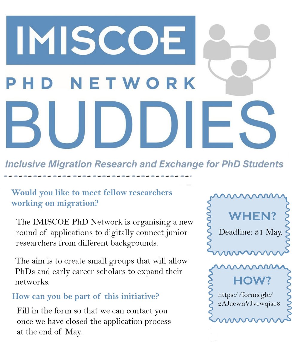 📣New round of applications for the PhD Network Buddies ⁉️Are you a PhD student doing research on migration and finding it difficult to connect globally? ✅Connect with @IMISCOE_PhD ⏰Deadline: 30 March 2023 👀Find out more: docs.google.com/forms/d/e/1FAI…