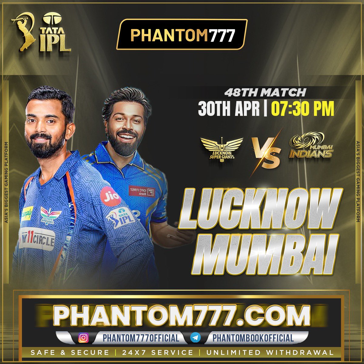 Excited for the intense showdown between Mumbai and Lucknow on Asia's biggest gaming platform! Phantom777 is the place to be for non-stop action. #Phantom777 #Cricket #MumbaivsLucknow