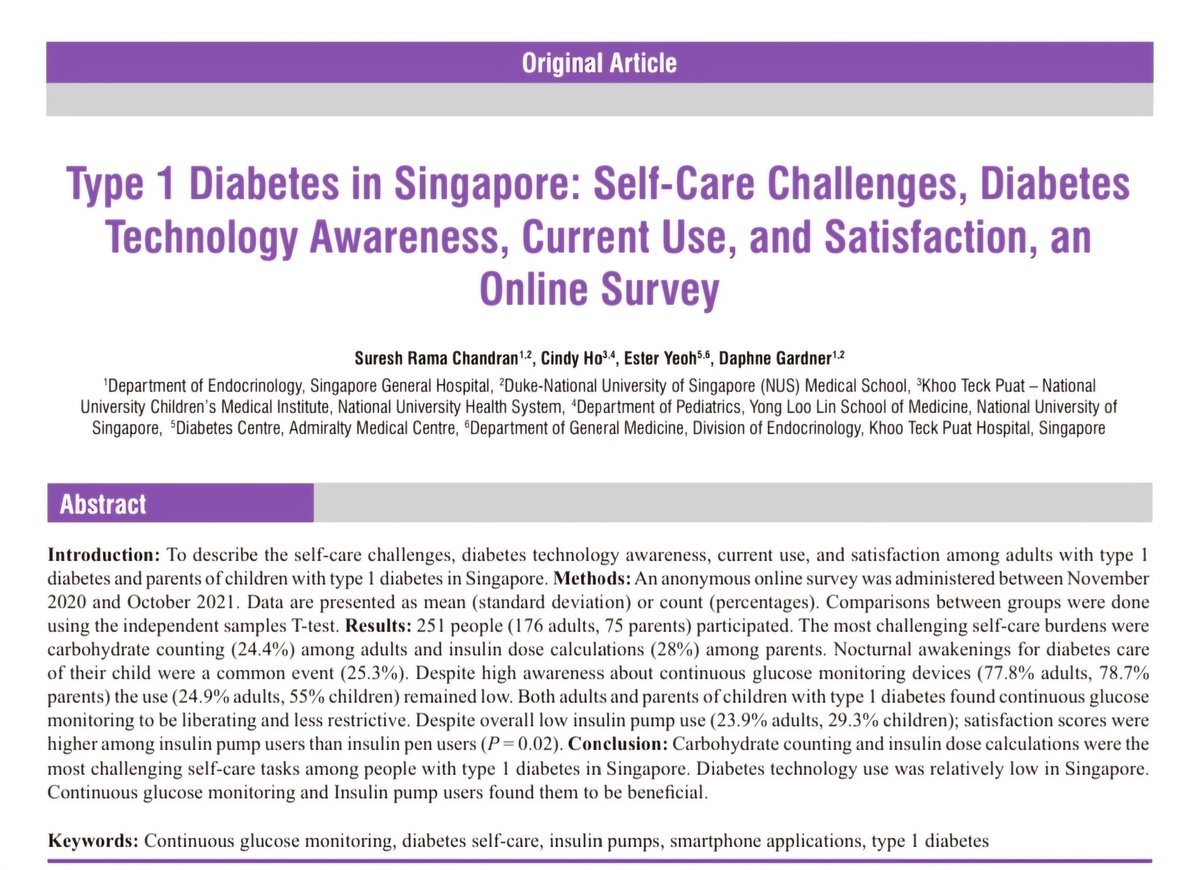 Carbohydrate counting and insulin dose calculations were the most challenging self-care tasks among people with type 1 diabetes in Singapore. 25% of parents woke up every night to care for their child's type 1 diabetes. Read the full paper at journals.lww.com/indjem/fulltex…
