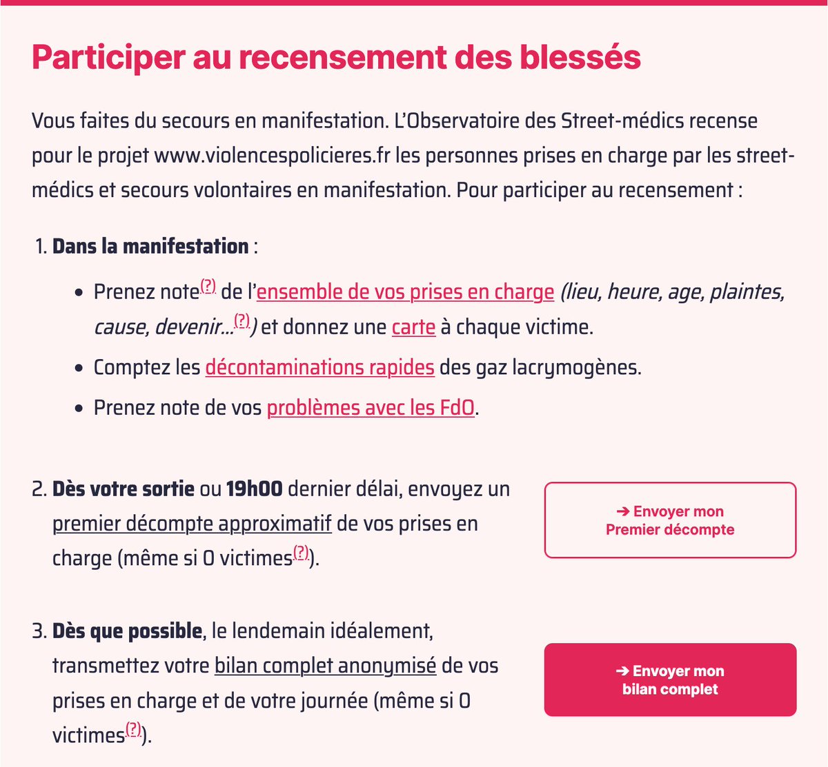 ⛑️ Street-médics, participez au recensement des #ViolencesPolicieres le #1ermai

Dès la fin de la manifestation (ou 19h max), transmettez votre décompte des personnes décontaminés / blessées / évacuées

👉  obs-medics.org/bilan