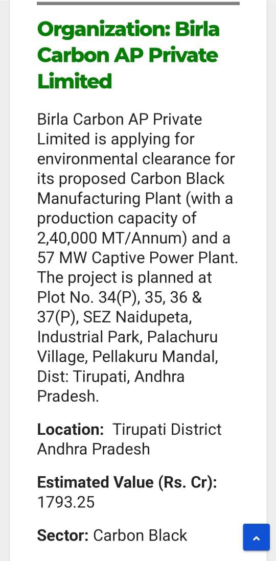 తిరుపతి జిల్లాలో బిర్లా కార్బన్‌ ఇండియా ప్లాంట్! నాయుడుపేట ఎస్‌ఈజెడ్‌లో కార్బన్‌ బ్లాక్‌ మానుఫ్యాక్చరింగ్‌ ప్లాంట్ ఏర్పాటుకి ఎన్విరాన్‌మెంటల్ క్లియరెన్స్ కోసం దరఖాస్తు చేసిన బిర్లా కార్బన్‌ ఇండియా ప్రైవేట్‌ లిమిటెడ్‌ సంస్థ ఏడాదికి 2.40 లక్షల టన్నుల ఉత్పత్తి సామర్థ్యంతో కార్బన్…