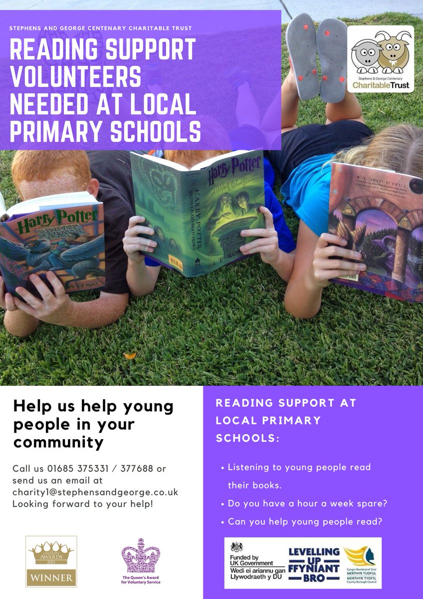 We are looking for #Reading Support Volunteers for schools in #MerthyrTydfil to drive literacy standards. 

Do you have time each week just an hour or two to #volunteer to help young people develop their reading skills

If so, please email charity1@stephensandgeorge.co.uk