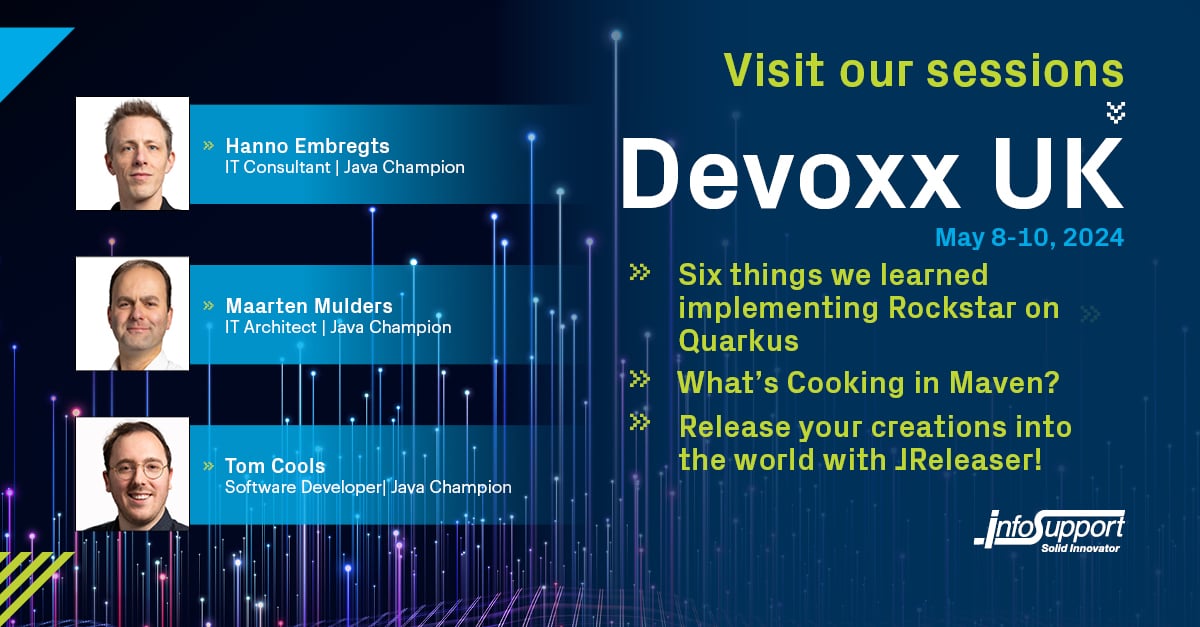 InfoSupportBV's tweet image. A very special occasion: our 3 #JavaChampions will be speaking at @DevoxxUK!
@hannotify (together with @holly_cummins from Red Hat), @mthmulders and @TCoolsIT will take the stage at the global developer gathering in London.
More: infosupport.it/49OPwu8
#InfoSupportExperts