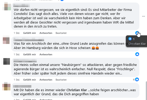 Der einschlägig vorbestrafte (u.a. wegen Körperverletzung) Neonazi Christian Klar (AfD) ist gestern mal wieder mit der Polizei aneinandergeraten. Heute veröffentlicht er Portraitaufnahmen eines beteiligten Polizisten. Unter dem Beitrag folgen Bedrohungen und Beschimpfungen.