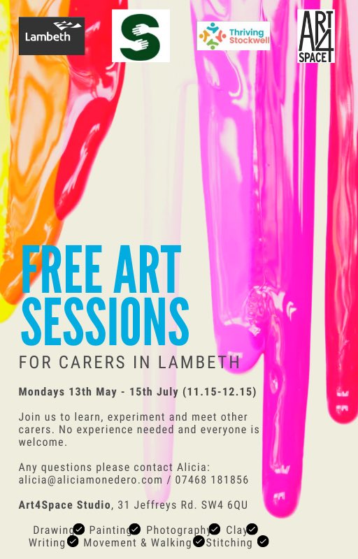 📢 Exciting news for Lambeth & Stockwell carers! Join our new wellbeing art session at Art4Space this May with Alicia 🎨 Express yourself, connect with others, boost immunity & enhance wellbeing! Spread the word! #Carers #Wellbeing #ArtTherapy #Lambeth #Stockwell #SelfCare 🌟