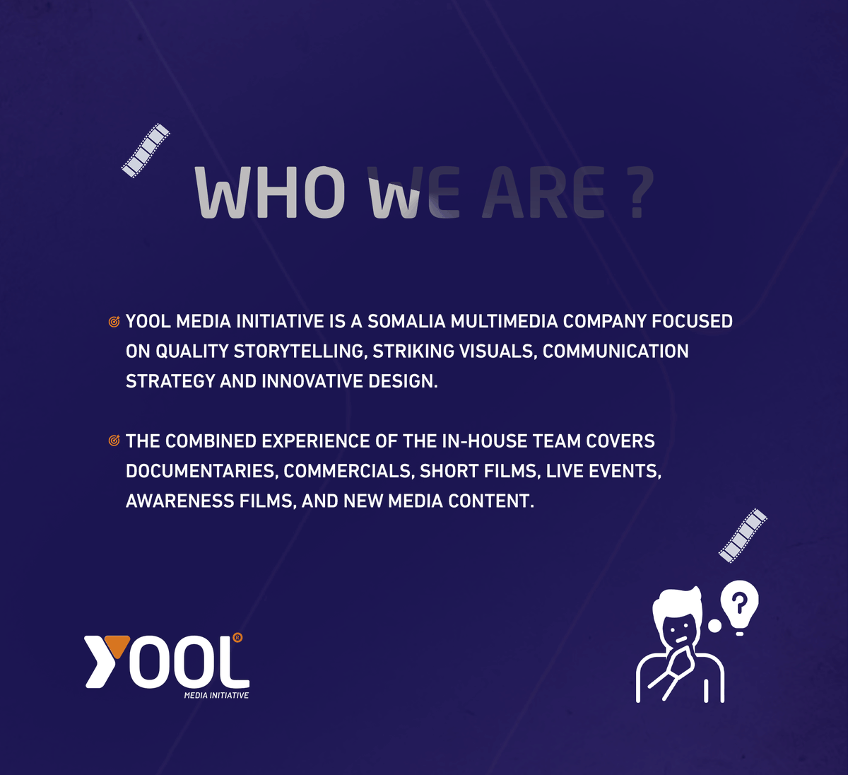 yoolinitiative's tweet photo. Yool Media initiative is a Somalia Multimedia company focused on quality storytelling, striking visuals, communication strategy and innovative design.
The combined experience of the in-house team covers documentaries, commercials, short films, live events, and awareness.
#yool https://t.co/EsW27w0Pde