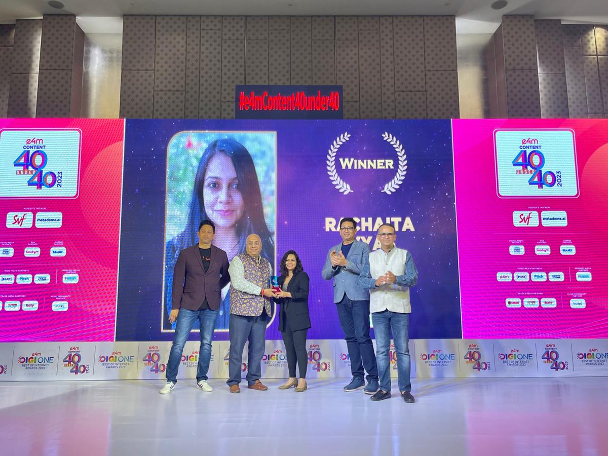 The #e4mContent40Under40 Awards honour individuals who have significantly shaped the Content Marketing industry!👏 
Many Congratulations @RachaitaVy45252 , Head of Production- Schbang Motion Pictures , #SchbangDigitalSolutions on winning the prestigious title.🏆

#e4mAwards