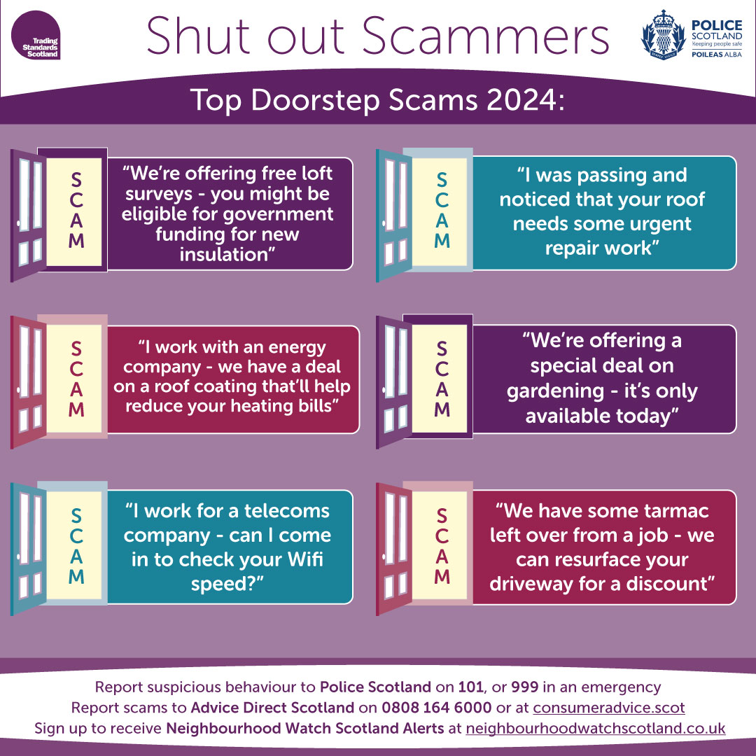 Have you heard these common doorstep scams? 🌲“We’re offering a special deal on gardening: only available today” 🏚️“Your roof needs urgent repairs” 💰“We’re offering free loft surveys - you might be eligible for a government grant” #ShutOutScammers ➡️tsscot.co.uk/priority-areas…