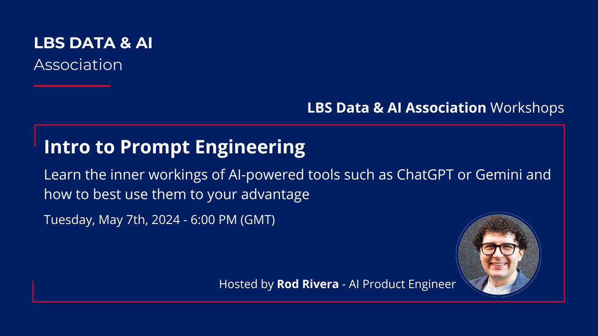 🔥 Join us May 7th @LondonBSchool for a workshop on prompt engineering for business! 🤖💬

Learn: 

🔧 Best practices 
💡 Biz applications
🆕 State of the art

#PromptEngineering #AIPowered #Workshops