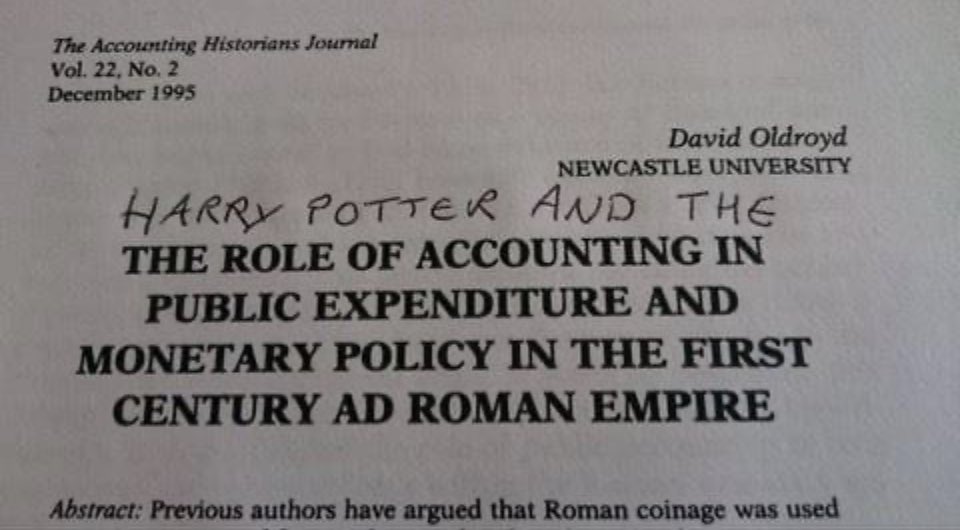 This has kept me and one of my best Prof mates amused for a decade. (Also note: if your article or seminar title was a bit long or a bit unintelligible and one of us saw it, you were definitely Harry Pottered).