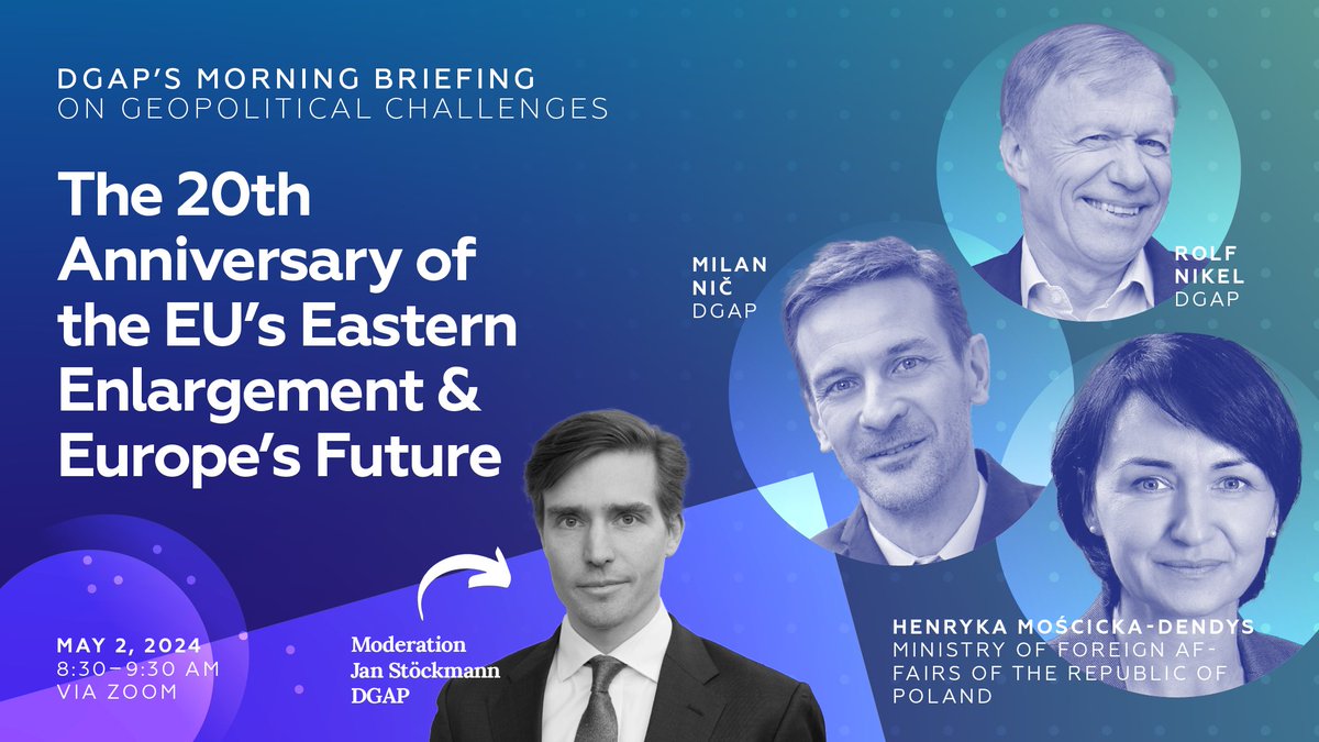 Join our upcoming #MorningBriefing! This week, on the 20th anniversary of the “big bang” enlargement of the #EU in 2004, we will reflect on 🇪🇺’s past & look into its future together with @moscicka_dendys, @NikelRolf & @MilanN_inBerlin. 

Register now! 
on.dgap.org/3QoRYRe