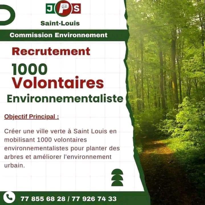 Repost Recrutement 1000 volontaires Environnementalistes Rejoignez-Nous pour une Saint-Louis plus verte! Vous êtes passionné par l'environnement et souhaitez agir concrètement pour améliorer notre ville ? Rejoignez-nous dans cette noble mission! L'initiative 'Saint-Louis Ville