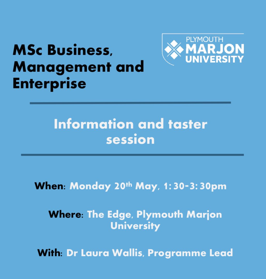 Are you interested in studying an MSc in Business? Come along to our @marjonuni Business, Management and Enterprise information and taster session. Register here: forms.office.com/e/Fskx7h1R3n